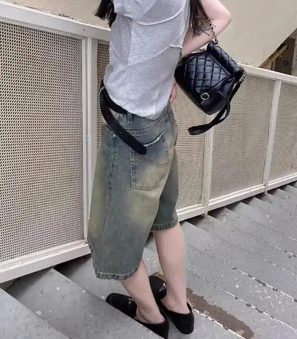 S-4XL Denim Shorts Women Chic Leisure Streetwear High Waist Korean Style Summer Knee Simple Comfortable Students Clothing New