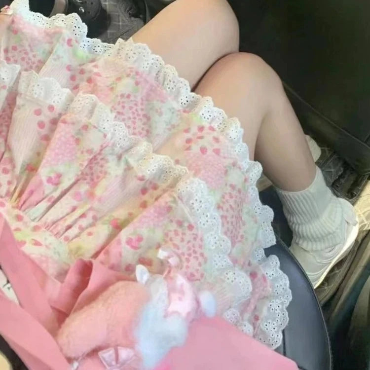 تنورة كيك قصيرة بطبقات كشكشة Y2k جمالية للنساء على طراز هاراجوكو من الدانتيل، تنورة هاواي كاجوال عتيقة بخصر مرتفع بتصميم الشارع اللطيف