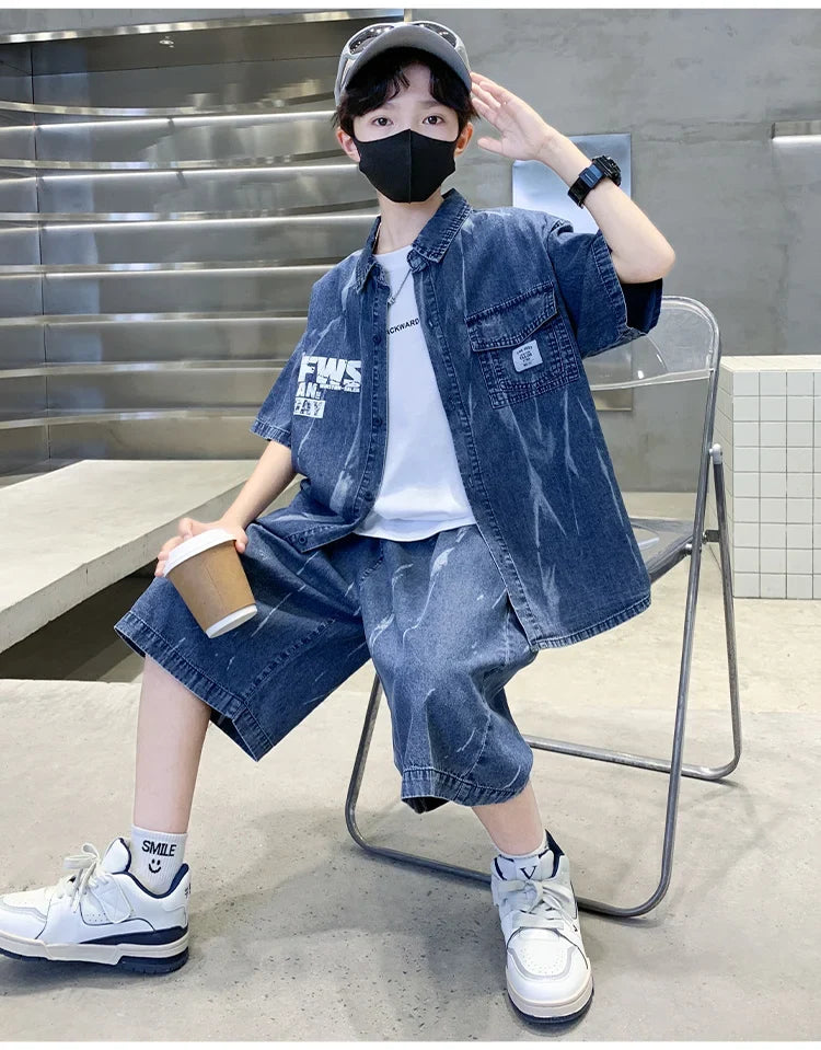 Cool Summer Set for Boys Denim Top and Bottom Set Kids Child Short Sleeve Shirt And Shorts 2 Pieces Outfits Suit Age 5-14 Years