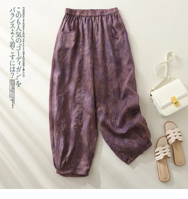 Retro Waterprint Linen Casual Nine-Piece Pants plus Size Women's Loose Elastic Waist Versatile Wide Leg Harlan Pants
