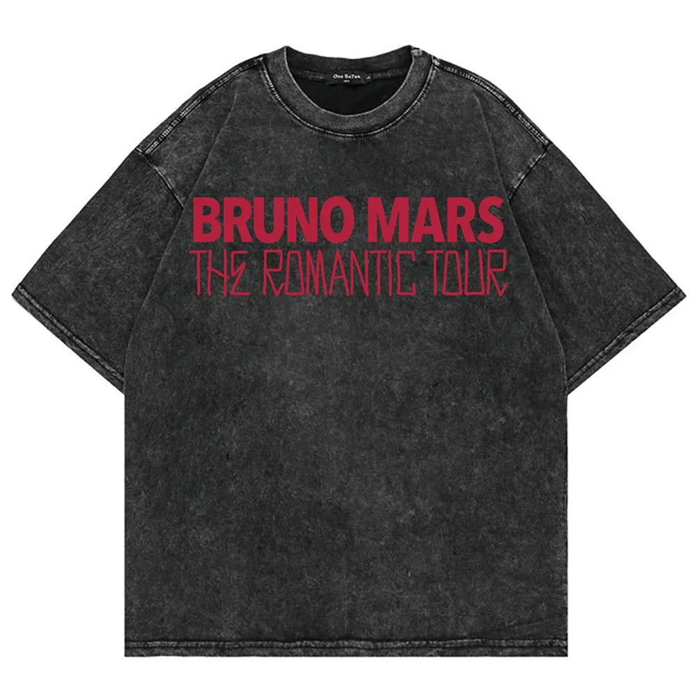 100% Cotton Vintage Washed Bruno Mars The Romantic Tour 2026 T Shirt Fashion Men/Women Retro Oversized Loose Acid Wash Tee Shirt