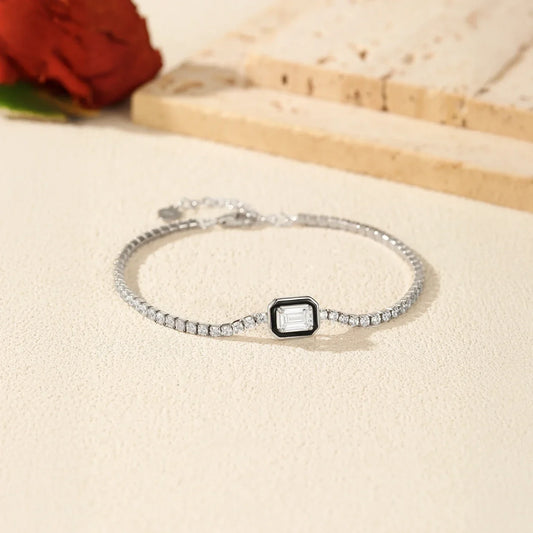 Bracelets Tennis pour femmes en argent sterling 925 émail noir et oxyde de zirconium transparent, bijoux fins, cadeaux