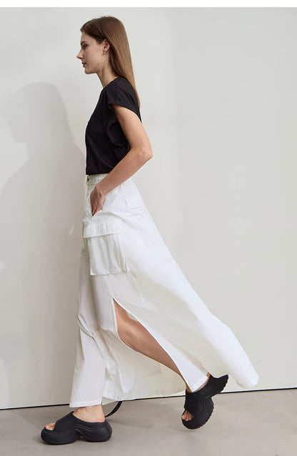 Vacation Long Skirt 2025 Summer Women Loose Sun Protection Office Lady Solid Pockets Elastic Waist Cord Slit Skirt 12542106