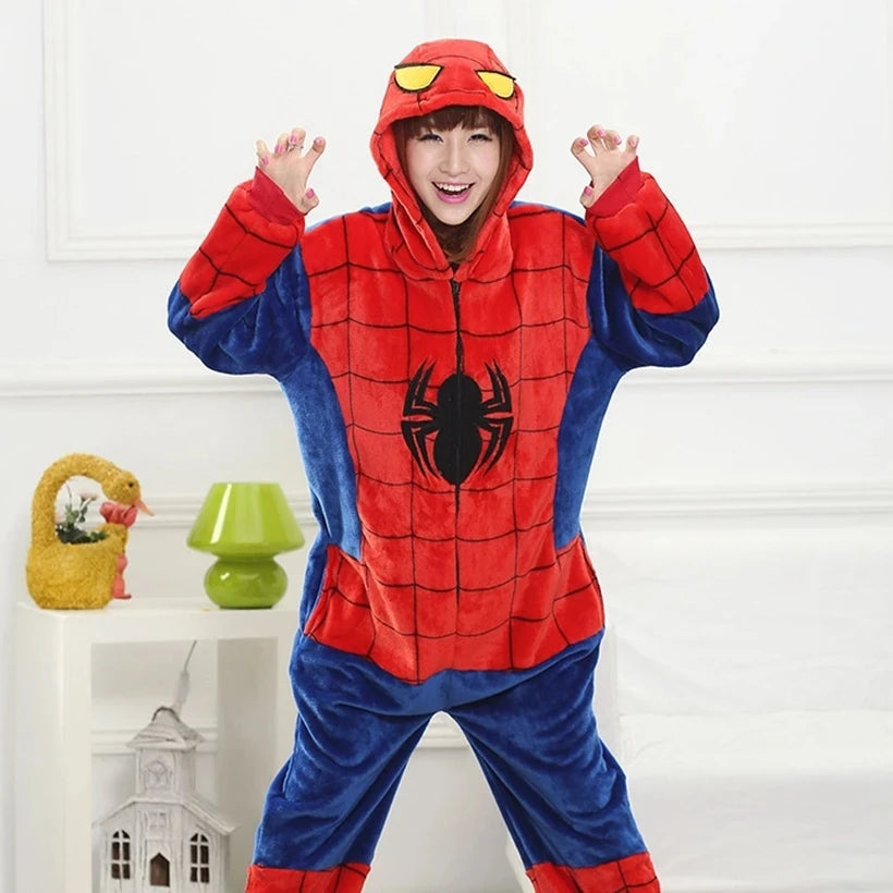 Spider Man Costume Pajamas Adult Spiderman Cosplay Costume Nightgown Home Flanne Hooded Sleepwear Jumpsuit Pajamas for Women Men