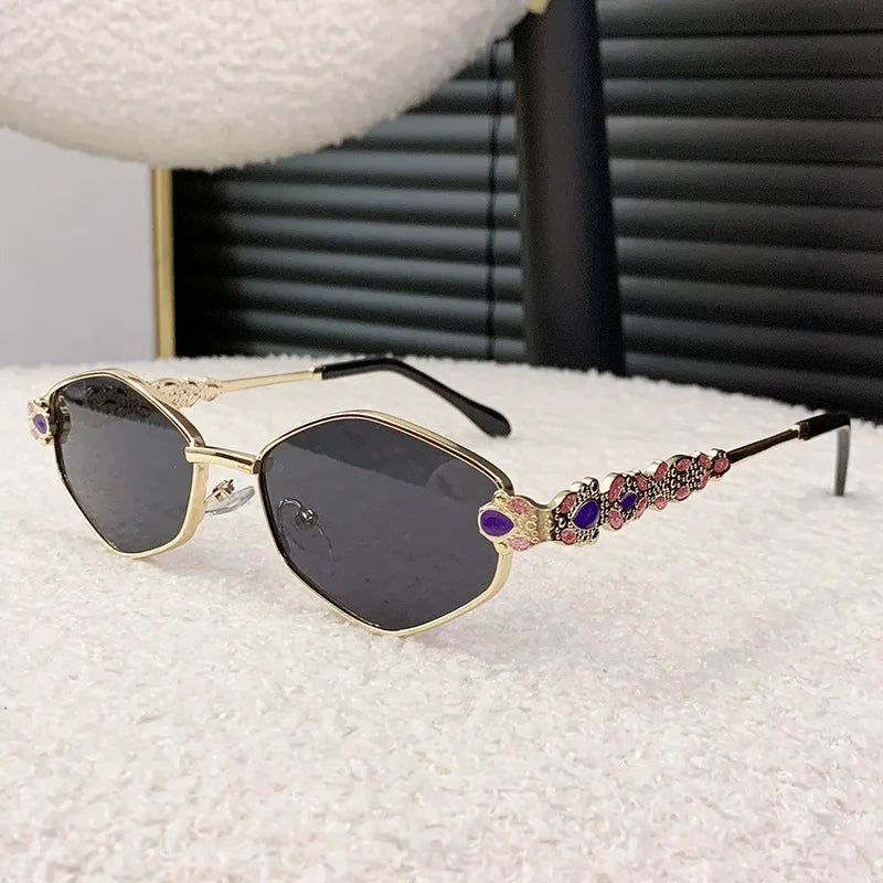 Retro Geometric Polygon Metal Frame Sunglasses with Colorful Enamel Temple Arms UV400 Trendy Women's Fashion Shades Gafas De Sol