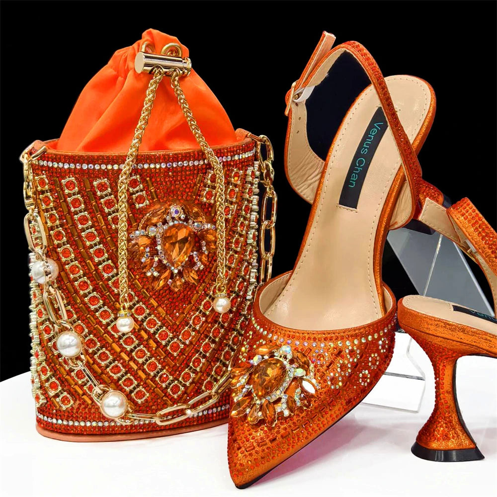 2024 Latest Wedding Pointed Toe Women's Shoes High Heel Black Color Rhinestones italian shoes and bags matching set