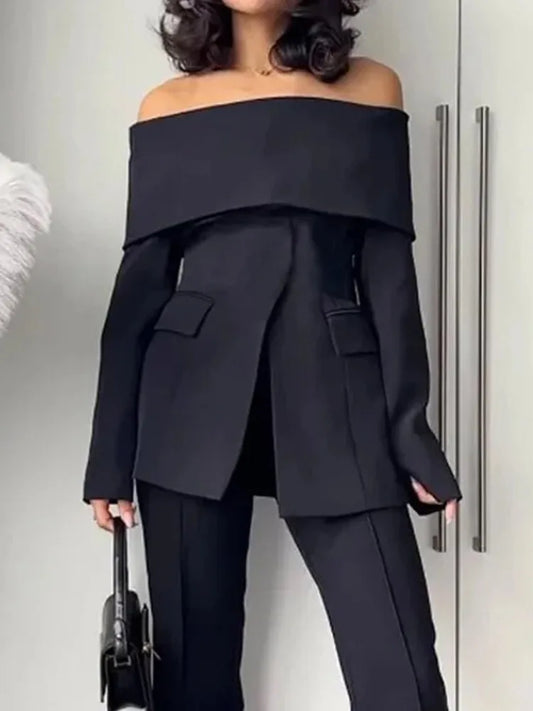 Yeezzi 2025 New Office Lady Commute Off-The-Shoulder Blazer Women Long Sleeves Solid Color Split-Front Zipper Formal Outerwears