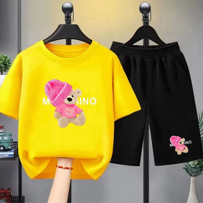Children's Fashion Summer Clothes Set Loose Fit Cotton Tee + Elastic Waist Shorts for Boys Girls Outdoor Wear