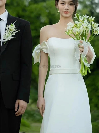 Wedding Dresses Sweet Bow Off The Shoulder For Women 2024 Satin Black Evening Dress Elegant Floor-length Simple Wedding Shooting