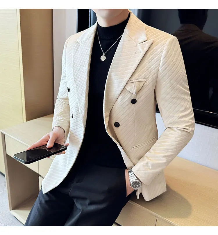 Autumn Winter New Velvet Suit Jacket Men Double-Breasted Striped Slim Fit Casual Coats High Quality Formal Business Tailcoat
