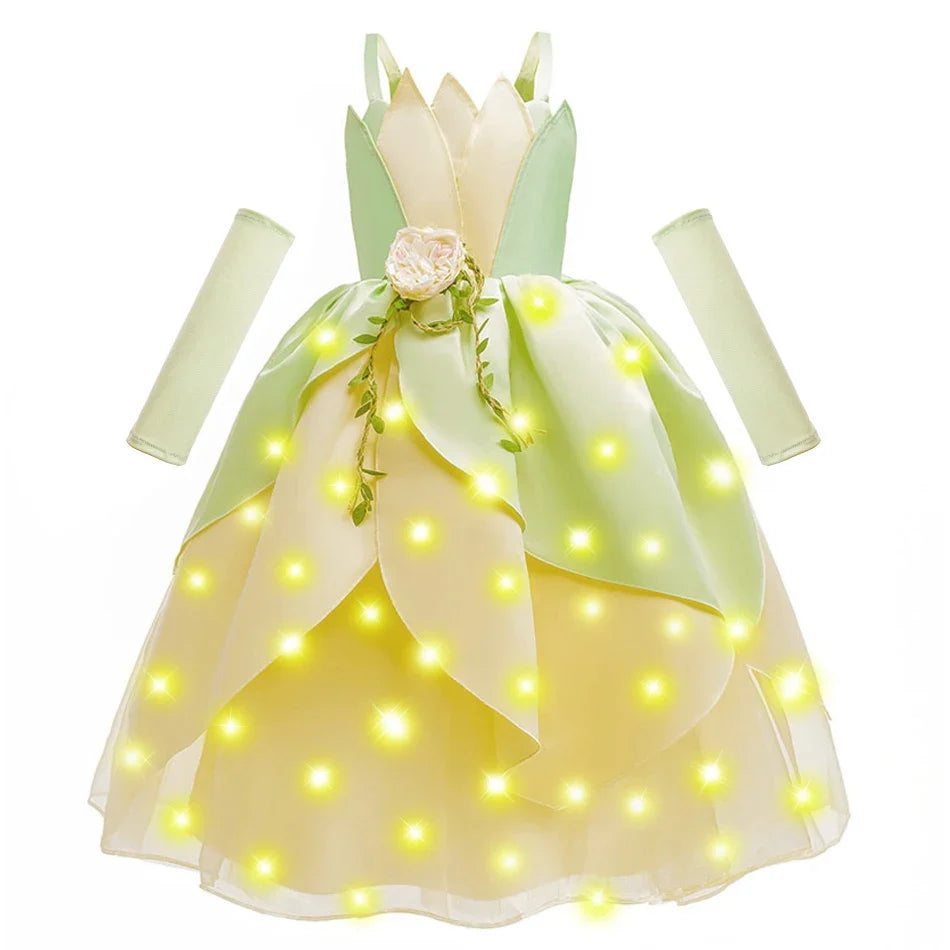 Tiana Fancy Girls Princess Costume Kid Carnival Dress Cosplay Floral LED Light Up Clothing Halloween Girls Christmas Party 2-11T