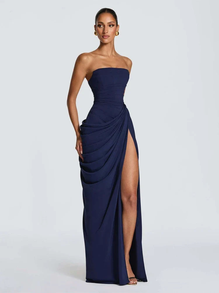 Lady Sexy Strapless Split Solid Pleated Dress Women Chic Backless High Waist Off-shoulder Dresses 2026 New Evening Party Gowns