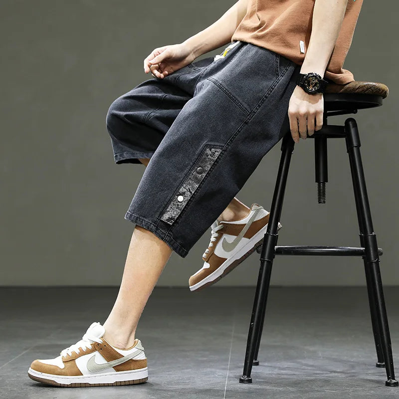 Korean Style Summer Men's Black Wide Leg Denim Shorts New Fashion Casual Baggy Short Jeans Male Plus Size 6XL 8XL YBR602