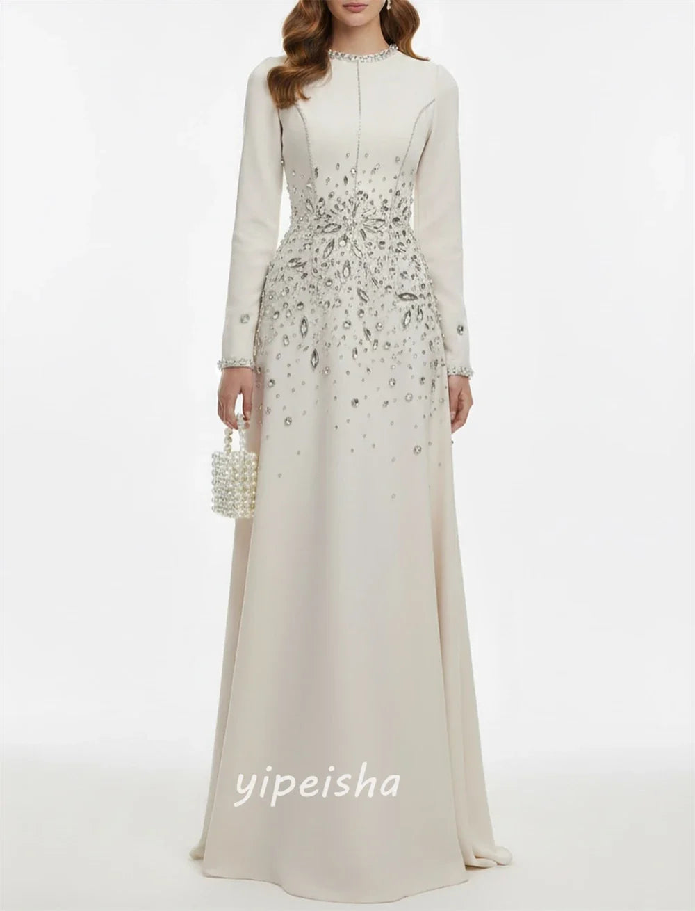 Customized High Quality Elegant Jersey Rhinestone Pleat Straight High Collar Long Dresses Evening Dresses Sizes Available Retro