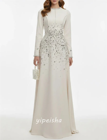 Customized High Quality Elegant Jersey Rhinestone Pleat Straight High Collar Long Dresses Evening Dresses Sizes Available Retro