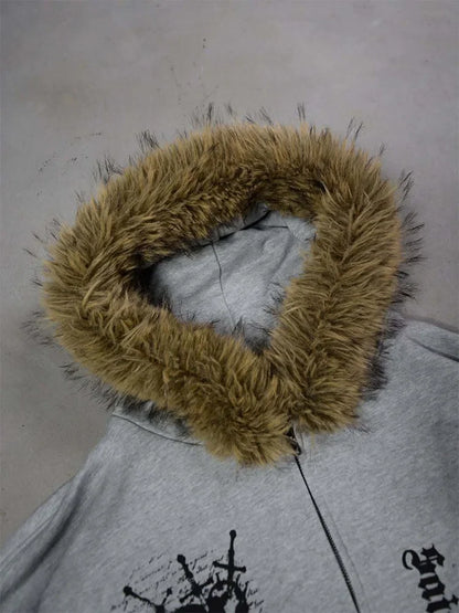 Winter Fashion Streetwear Women's Gothic Printed Faux Fur Hooded Jacket Trendy Edgy Zip - Up Sweatshirt 2026 New Arrival