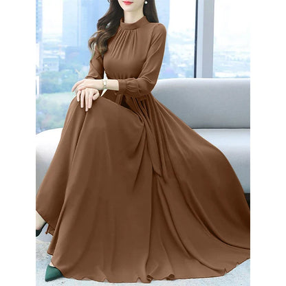 Women Long Sleeve A-line Sundress Spring Long Dress Autumn Solid Party Holiday Maxi Dresses Vestidos Femme Vintage Robe