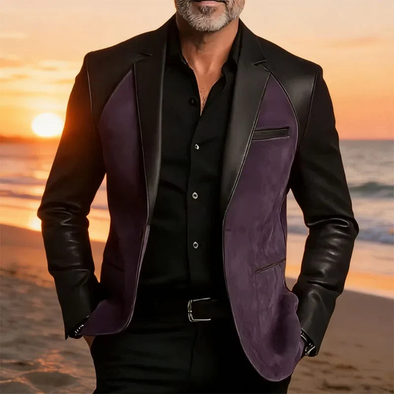Retro Men's Faux Suede Jacket with PU Leather Collar & Shoulder 2 Buttons Two-Tone Blazer Contrast Trim Coat
