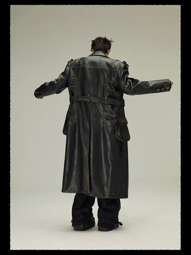 Spring Autumn Long  Distressed Black Pu Leather Trench Coat Men Belt Double Breasted Luxury European Fashion 2023