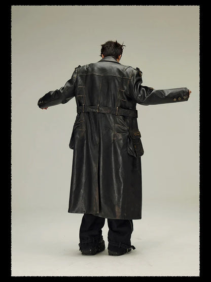 Spring Autumn Long  Distressed Black Pu Leather Trench Coat Men Belt Double Breasted Luxury European Fashion 2023