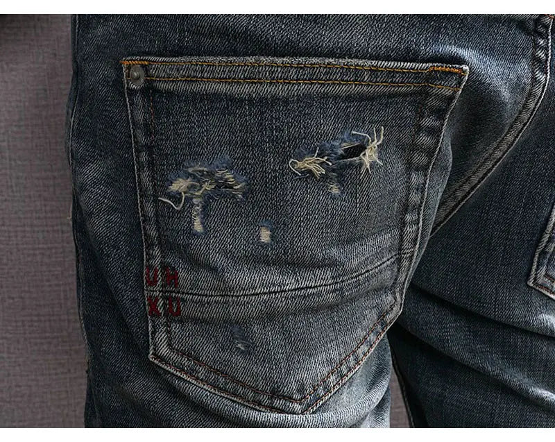 Street Fashion Men Jeans Retro Blue Stretch Slim Fit Hole Ripped Jeans Men Patched Designer Hip Hop Vintage Denim Pants Hombre