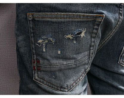Street Fashion Men Jeans Retro Blue Stretch Slim Fit Hole Ripped Jeans Men Patched Designer Hip Hop Vintage Denim Pants Hombre