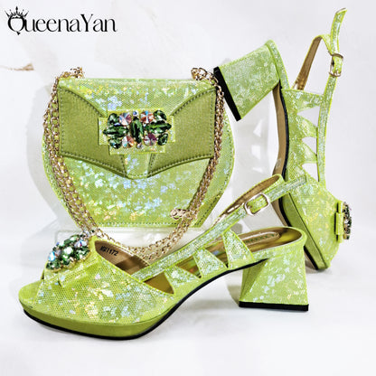 2025 New-Season Peep Toe Ladies' Shoes Elegant Coral Color Diamond-Embellished High Heels Italian-Designed Shoe and Handbag Set