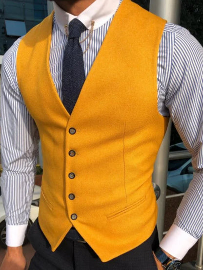 Men Vest Yellow Solid V Neck Single Button Waistcoat For Wedding Party Banquet Business Casual Daily Office Work Men Suit Vest