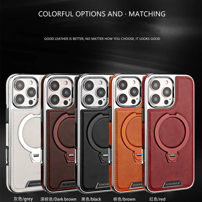 360 Rotating Bracket Luxury Magnetic Leather Phone Case For iPhone 16 17 Pro Max 15 14 13 12 Magsafe Wireless Charging Cover