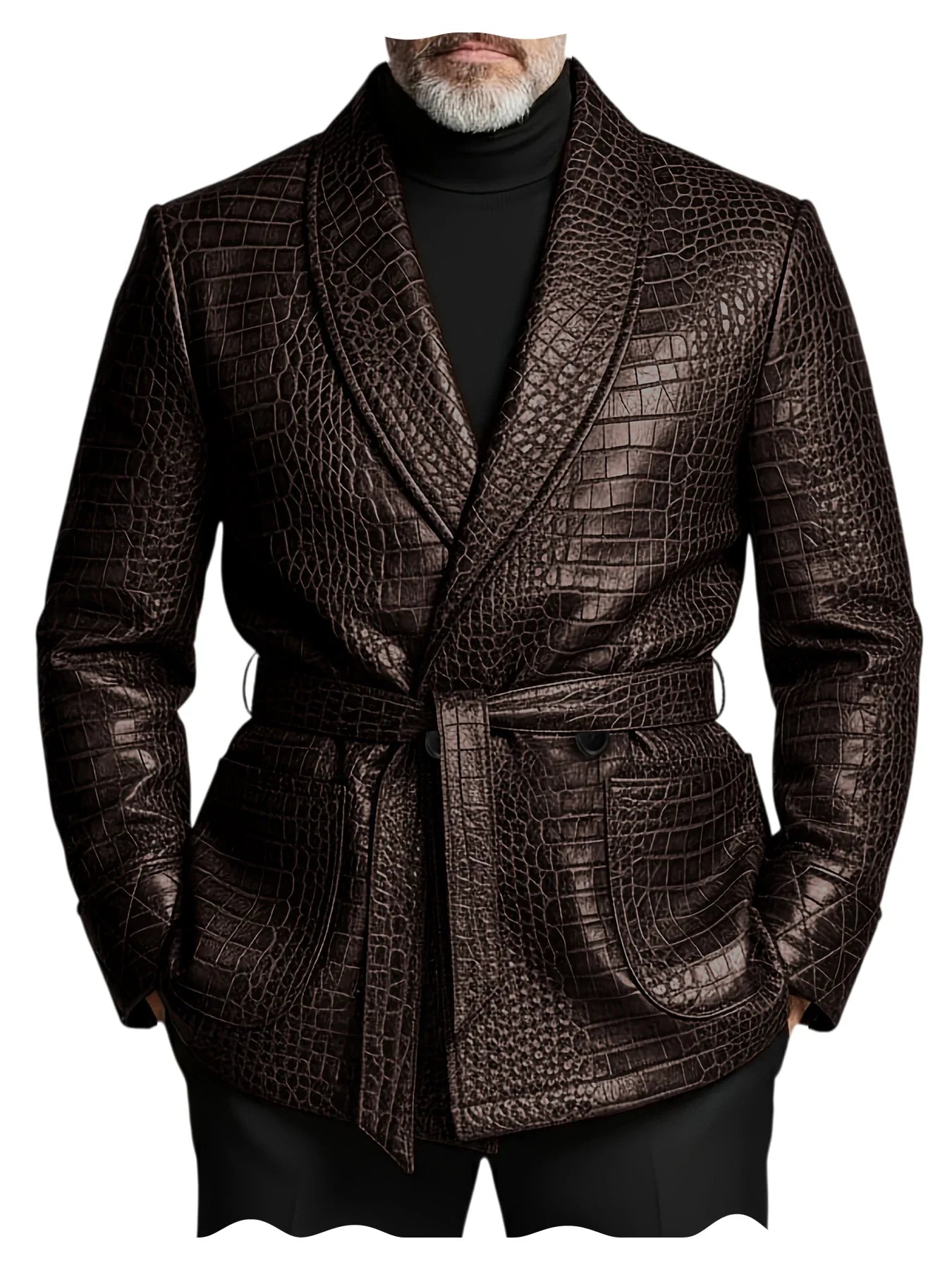 Men's Crocodile Pattern Leather Blazer Double Breasted Belted Shawl Collar Jacket Business Formal Party Wedding Casual Wear