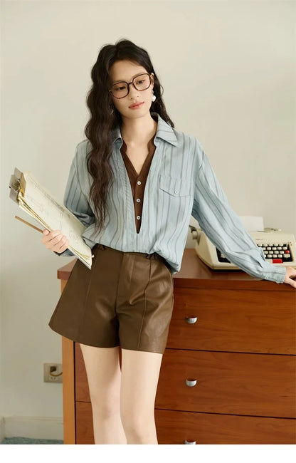 Peach Skin Velvet Stripe Shirt for Women Autumn 2025 Double Layered Collar Contrasting Color Shirt Commute Top MXE47C2408