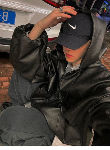 Spring Autumn Short Oversized Black Soft Pu Leather Jacket Men with Hood Zipper Loose Casual Korean Fashion Clothes