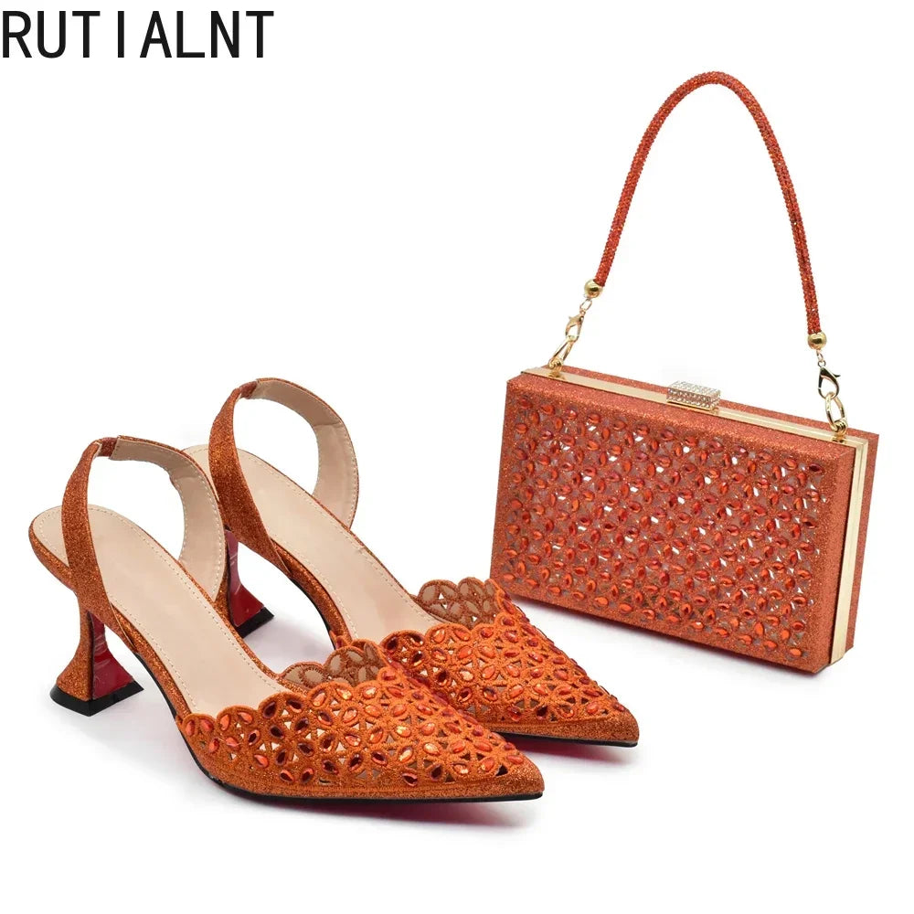 Latest Orange Designer Shoe and Bag Sets From Italy Shoe Woman Summer 2025 Wedding Fashion Party Shoes and Bag Match for Women
