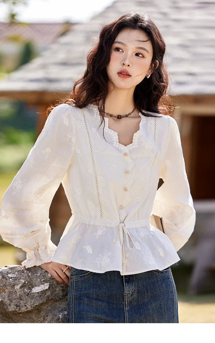 Embroidered Blouse Women 2025 Spring New French Elegant Apricot Lace Premium Drawstring Design V Neck Tops MXE11X1708