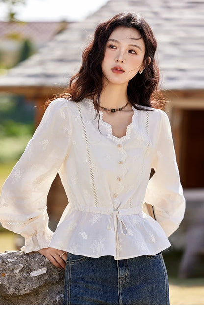 Embroidered Blouse Women 2025 Spring New French Elegant Apricot Lace Premium Drawstring Design V Neck Tops MXE11X1708