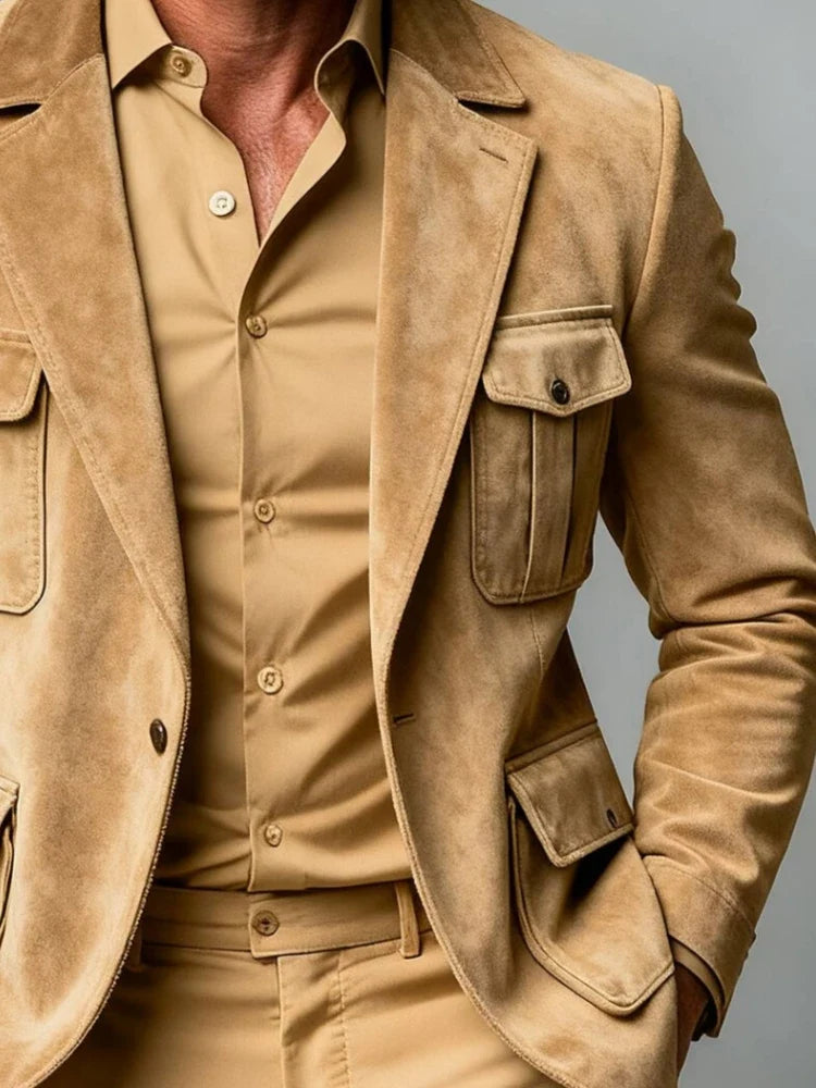 Men's Suede Blazer Elegant Suit Man Dress Single-breasted Modern Men's Suits Customizable Multiple Pockets Lapel Blazers Fashion