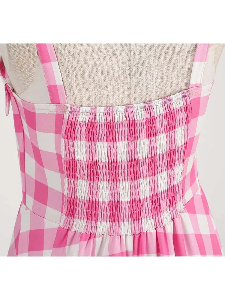 Spaghetti Strap Pink Plaid Dress Women Summer Elegant Vintage 50s Rockabilly Swing Party Dress