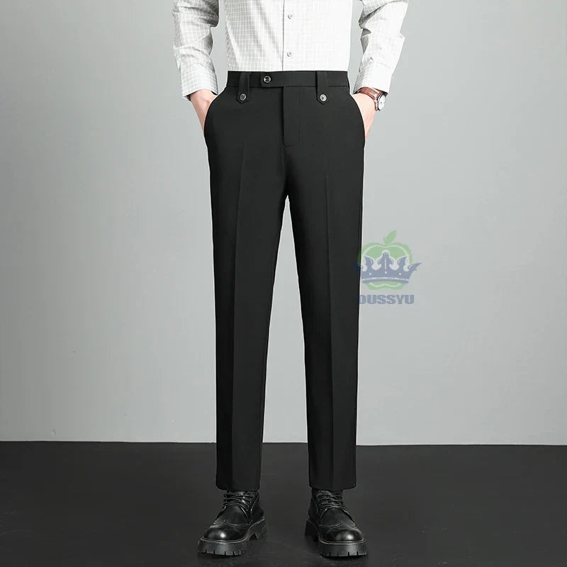 Brand High Quality Business Suit Ankle Length Pants Men Grey Khaki Waist Design Work Office Formal Long Trousers Male