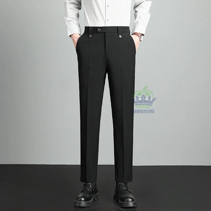Brand High Quality Business Suit Ankle Length Pants Men Grey Khaki Waist Design Work Office Formal Long Trousers Male
