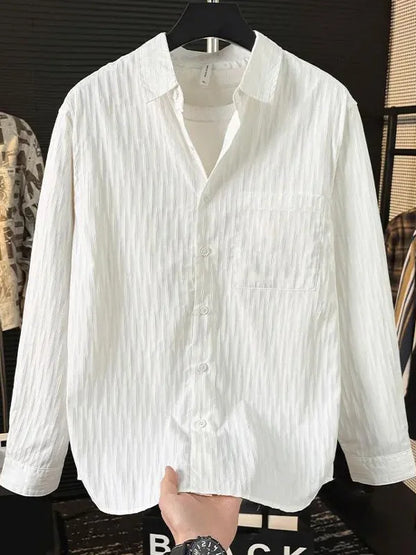 Casual Ice Silk Bubble Men's Anti-Wrinkle Summer Loose Fashionable Long Sleeve Shirt Urban Style Flip Collar Button Closure