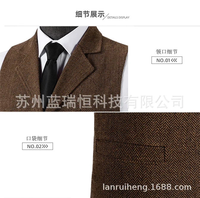 2026 Men's Business Woolen Suit Vest Fashionable British Retro Twill Vest Workwear Slim Fit Vest Elegant Classic Style Black