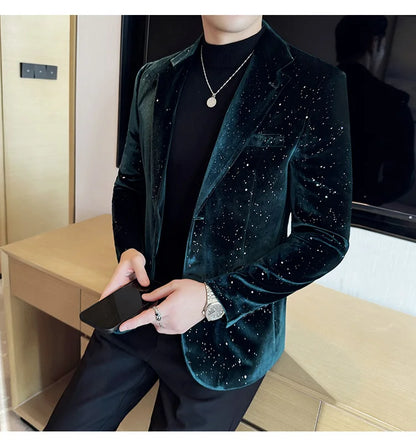 High Quality Velvet Bronzing Suit Coats Mens Sparkle Elegant Slim Business Suits Jacket Homme Formal Social Prom Party Tuxedos