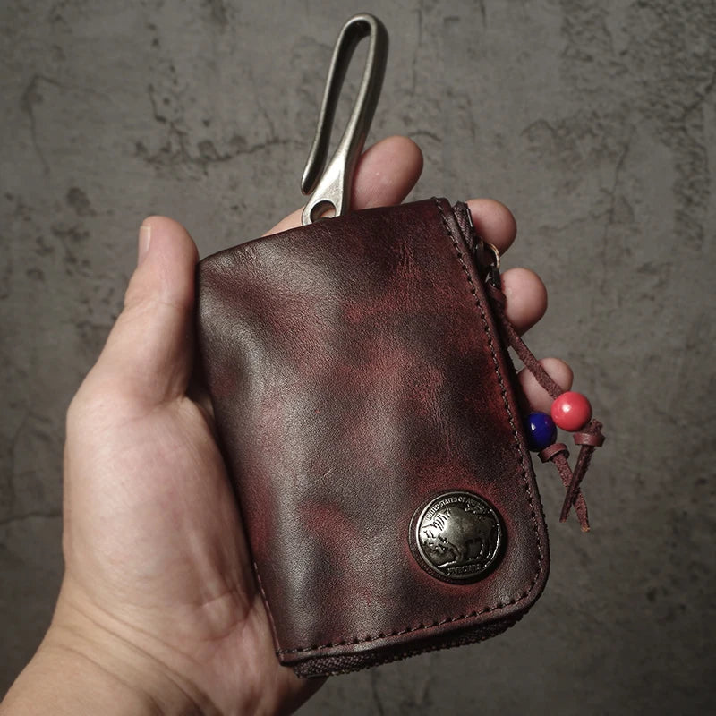 Top Cowhide Car Key Bags Men Women Vintage  Zipper Coin Purse Genuine Leather Wallet Card Holde ‌Housekeeper Home Organizer