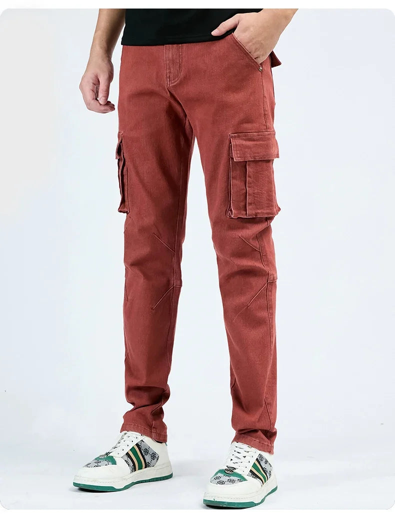 Men's Street Style Elastic Waist Denim Cargo Pants Solid Color Washed Slim Fit Casual Jeans with Multiple Pockets for Daily Wear