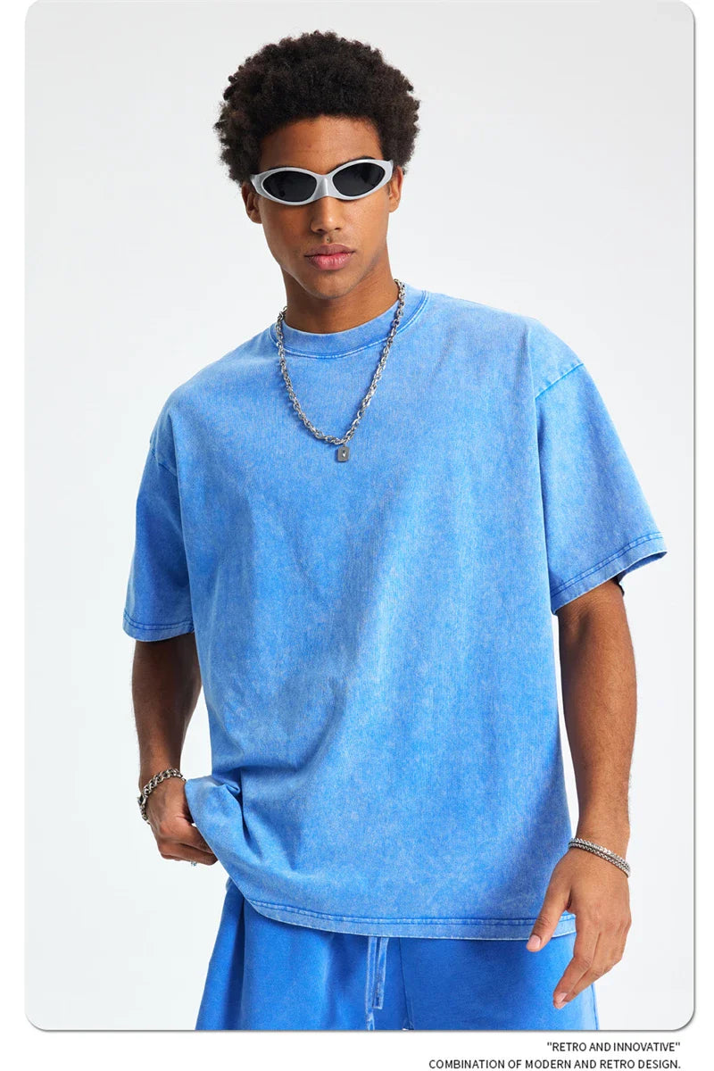 2025 High Street Summer Washed Cotton T-Shirt Tees For Men Unisex Loose Retro Solid T Shirts Brand Tops HY0113