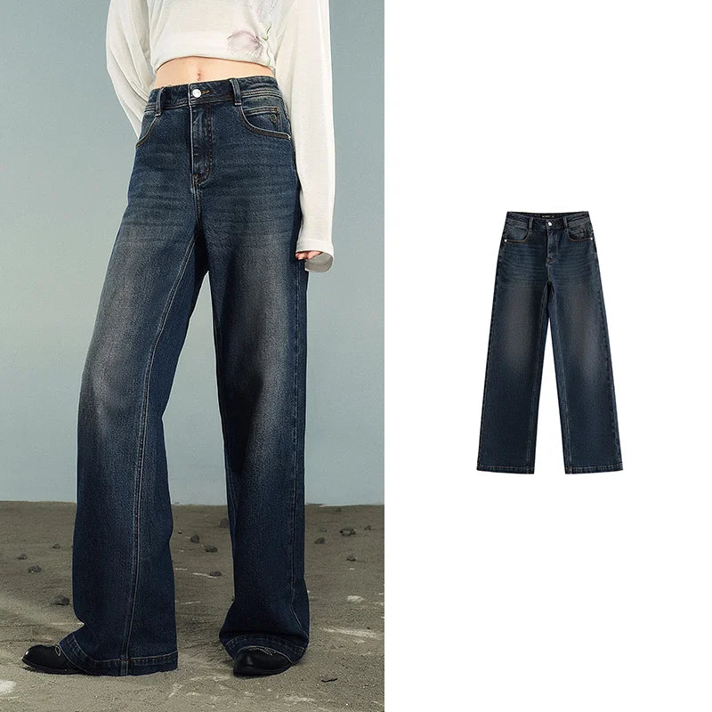 Women Denim Jeans 2025 Autumn New Lycra Stretch Washed Wide Leg Straight Long Pants