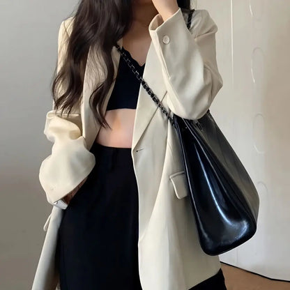 Eye Catching Women's Black Oversized Single Button Solid Wear To Work Casual Blazer Spring Autumn Jacket Influencer Korean Style
