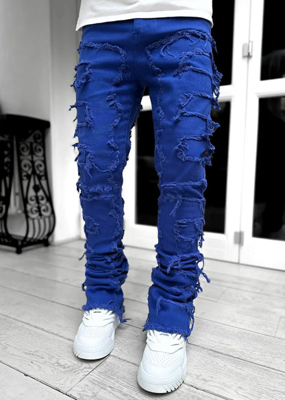 New European and American Heavyweight Streetwise Stretch Patch Jeans for Men, High Street Straight Fit Long Jeans16-3001
