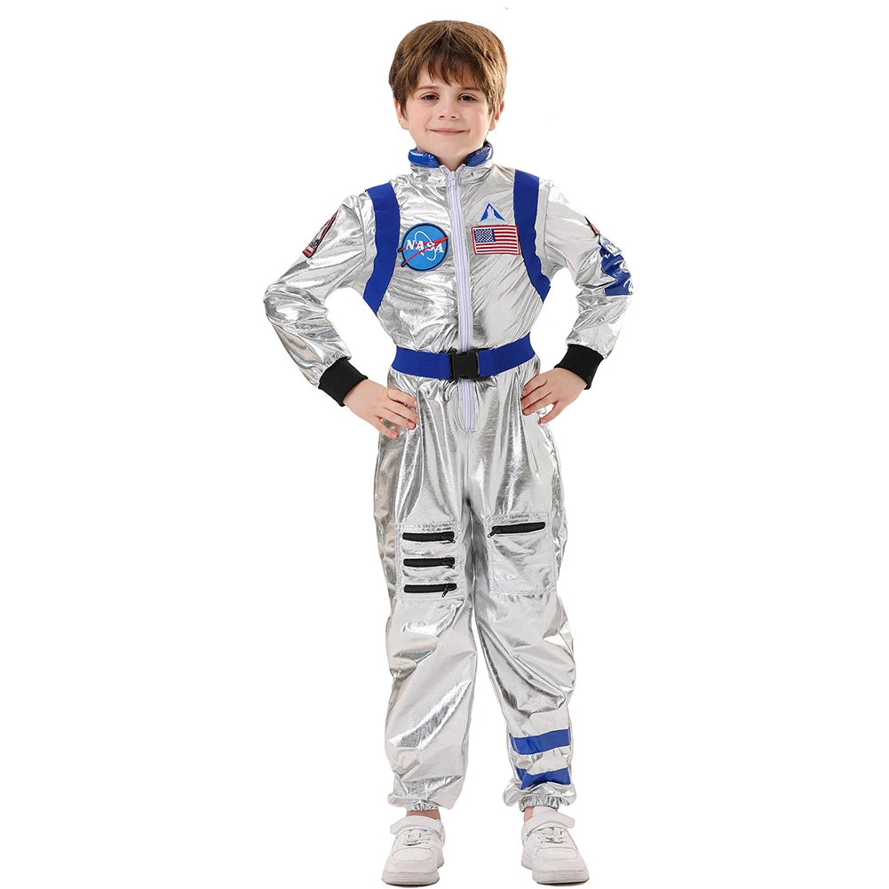Kids Astronaut Costume Silver Astronaut Cosplay Fantasia Disguise Children Jumpsuit Spaceman Outfits Hallowee Carnival Suit