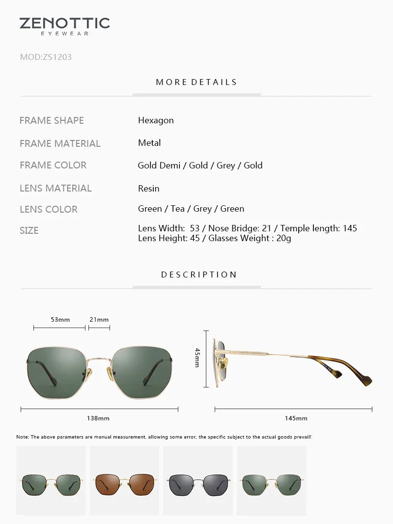 Fashion Hexagonal Geometry Polarized Sunglasses for Men and Women Polygon Metal Shade Pilot Sun Glasses ZS1203